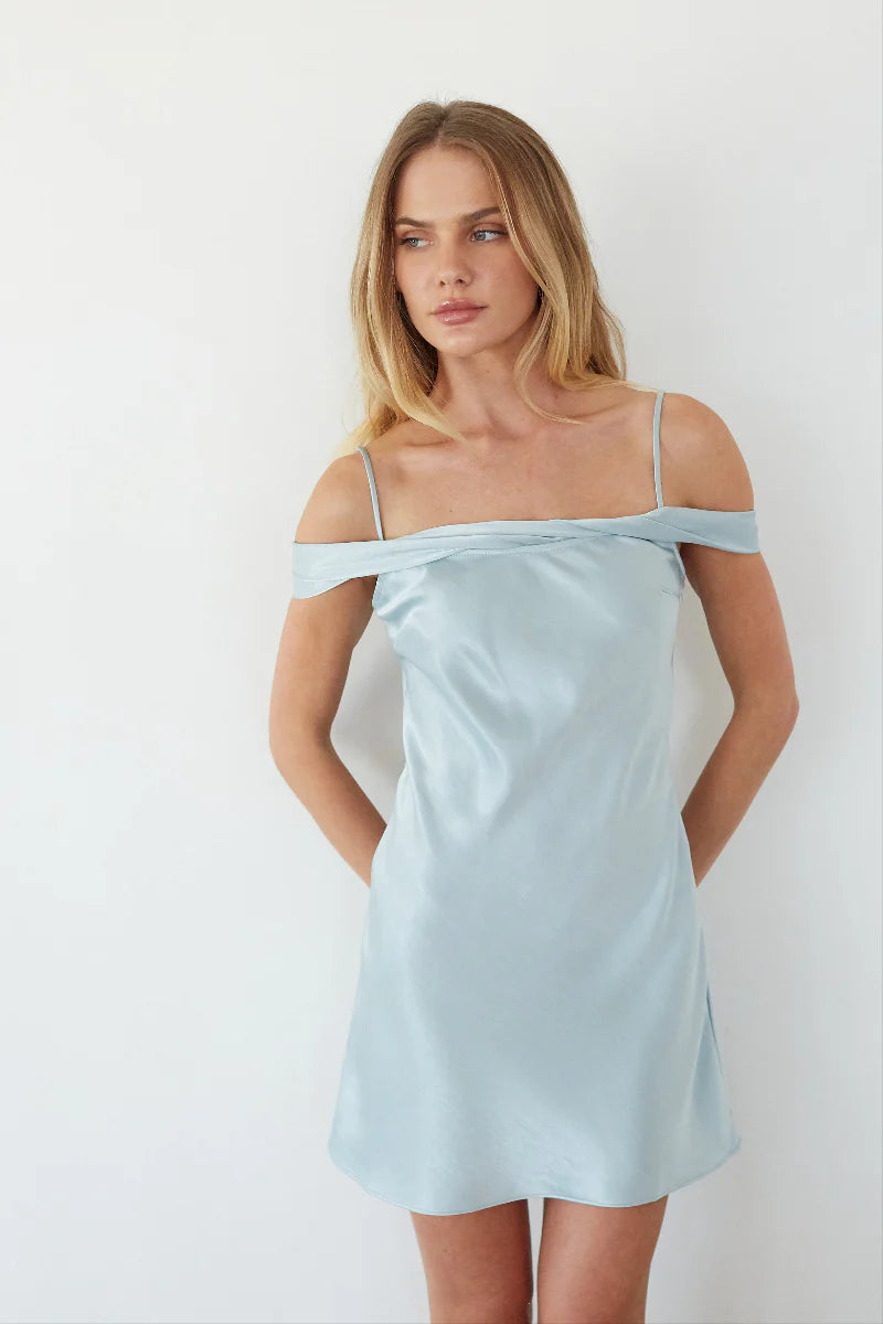 Off-Shoulder Bow-Back Mini Slip Dress | Satin-Look Party Dress