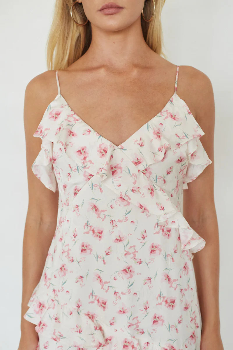 Ivory Pink Floral Ruffle Maxi Dress | V-Neck Spaghetti Strap Occasion Dress