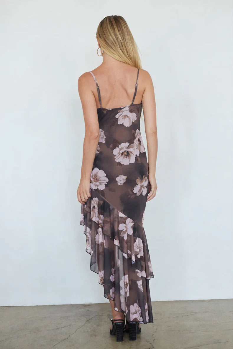 Dark Floral Cowl Neck Slip Dress | Asymmetric High-Low Ruffle Hem Dress