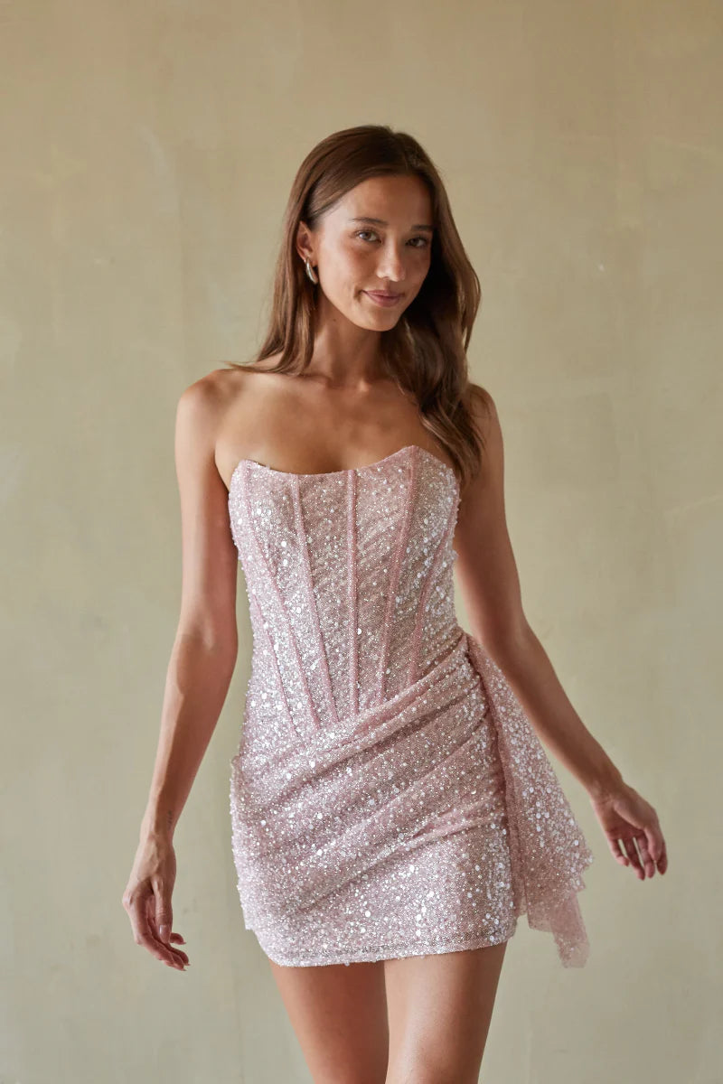 Strapless Sequin Corset Mini Dress | Ruched Side-Drape Cocktail Party Dress