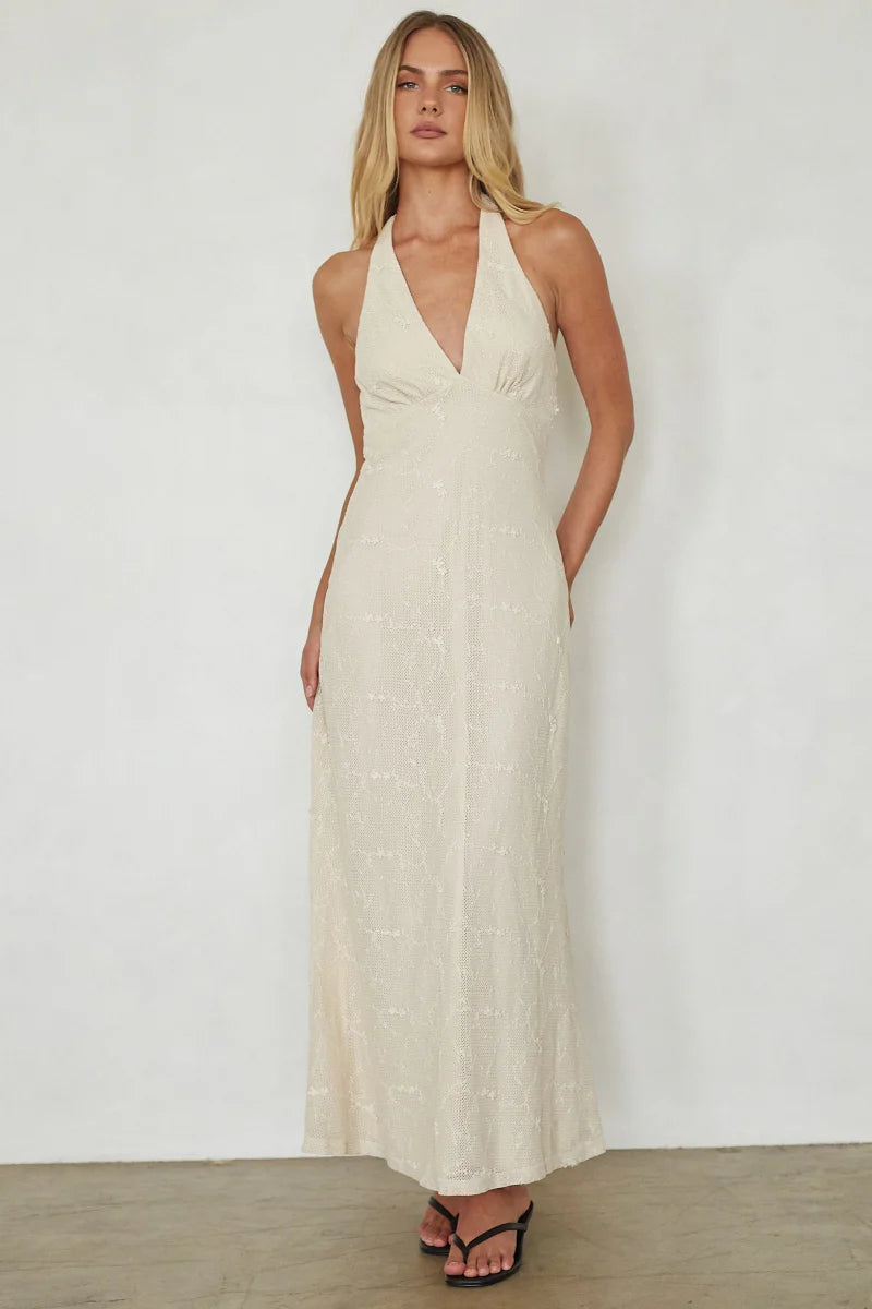 Ivory Floral Lace Halter Maxi Dress | Deep V-Neck Open-Back Occasion Dress