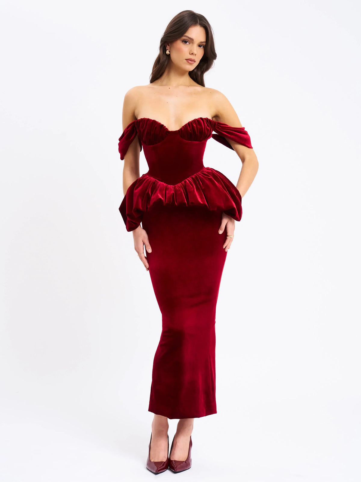 Burgundy Off-Shoulder Peplum Midi Dress | Sweetheart Neckline Formal Evening Dress