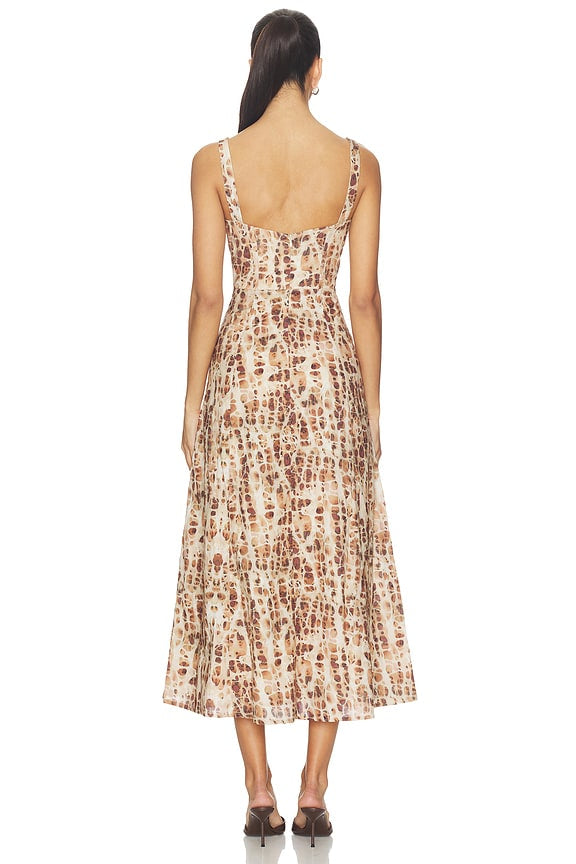 Beige Abstract Print Corset-Style Midi Dress with Pockets | Sleeveless A-Line Dress
