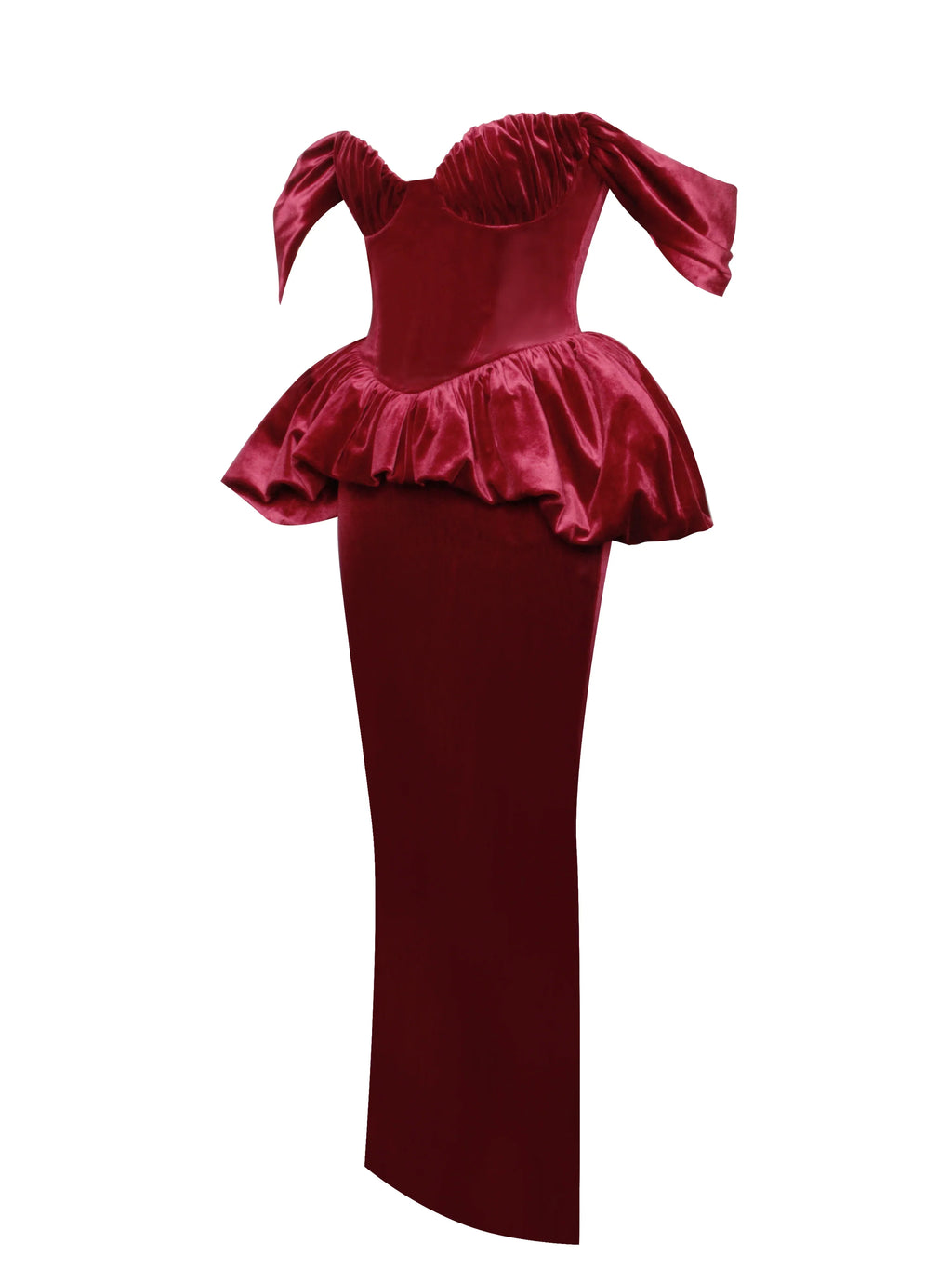 Burgundy Off-Shoulder Peplum Midi Dress | Sweetheart Neckline Formal Evening Dress