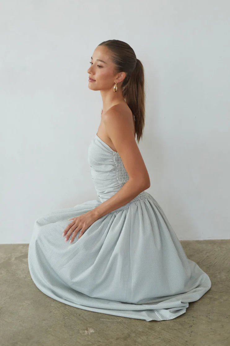 Striped Strapless Maxi Dress | Ruched Drop-Waist A-Line Summer Dress