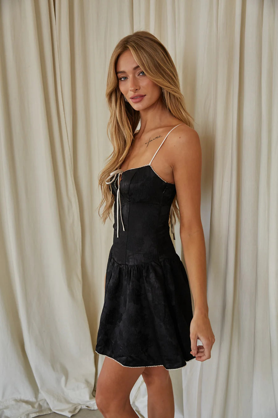 Black Corset-Style Mini Dress | Bow-Front Lace-Up Back Fit-and-Flare Dress