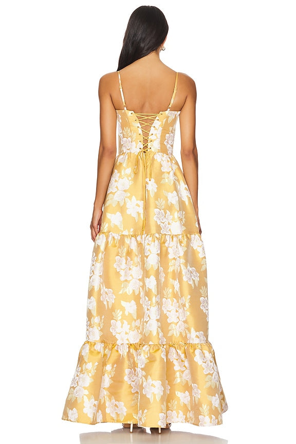 Yellow Floral Corset Maxi Dress | Lace-Up Back Tiered Gown with High Slit