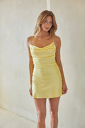 Lemon Yellow Cowl Neck Mini Slip Dress | Cross-Back Cutout Satin-Look Party Dress