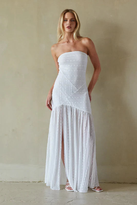 White Strapless Lace Maxi Dress | Sheer Skirt High-Slit Bridal Occasion Dress