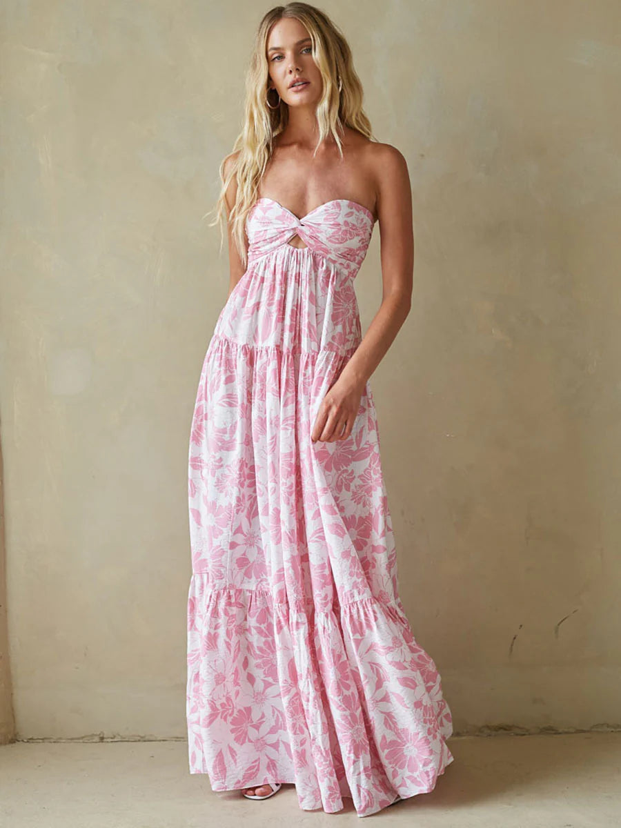 Floral Strapless Maxi Dress | Twist-Front Cutout Tiered Vacation Sundress