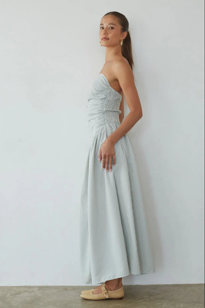 Striped Strapless Maxi Dress | Ruched Drop-Waist A-Line Summer Dress