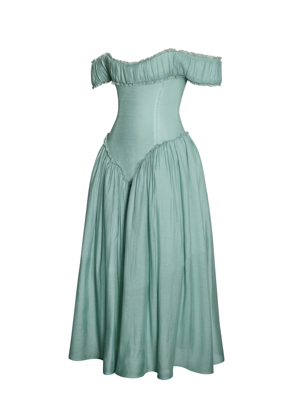 Seafoam Green Off-Shoulder Corset-Style Midi Dress | Lace-Trim A-Line Wedding Guest Dress