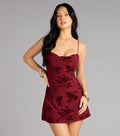 Burgundy Floral Cowl Neck Mini Dress with Spaghetti Straps | A-Line Cocktail Party Dress