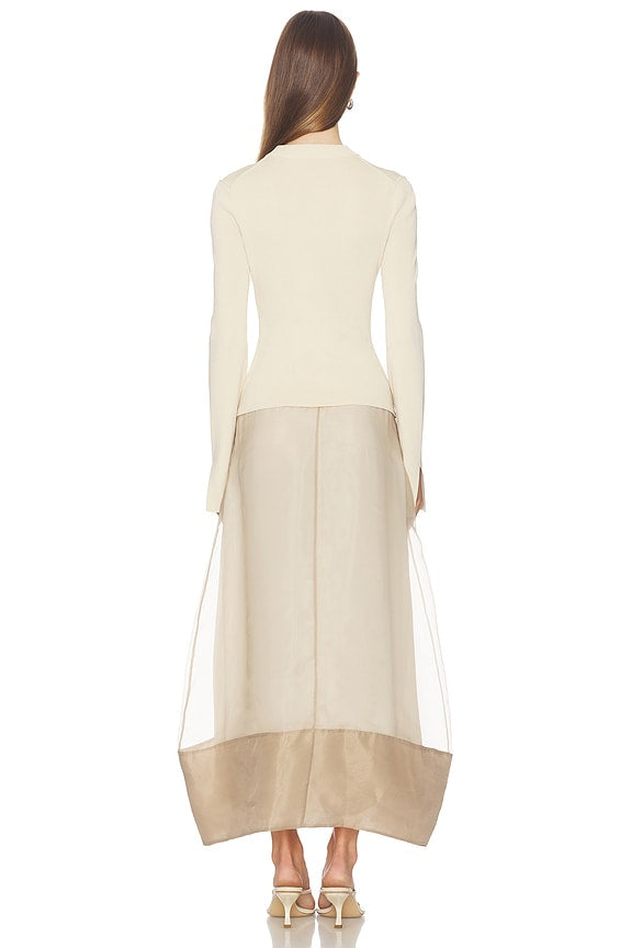 Ivory and Beige Long Sleeve Maxi Dress | Crew Neck Sheer Overlay A-Line Dress