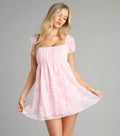 Pink Floral Lace Puff Sleeve Mini Dress with Tie Back | Square Neck Babydoll Dress