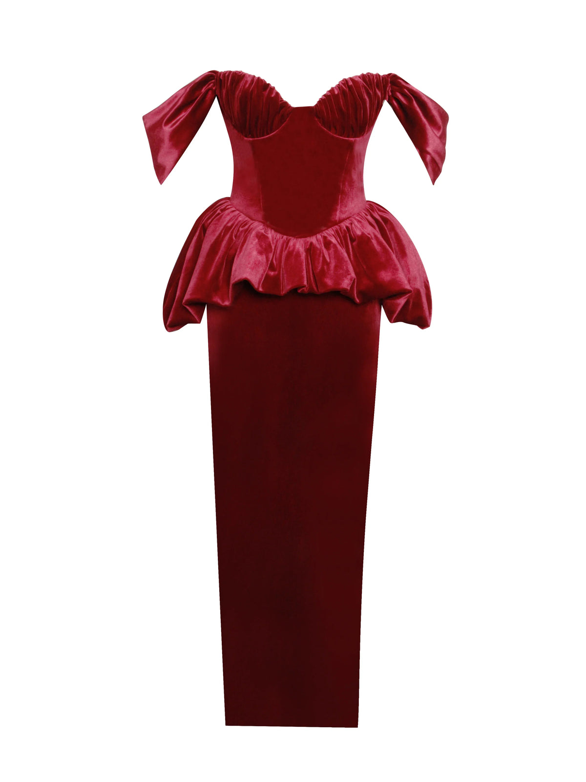 Burgundy Off-Shoulder Peplum Midi Dress | Sweetheart Neckline Formal Evening Dress