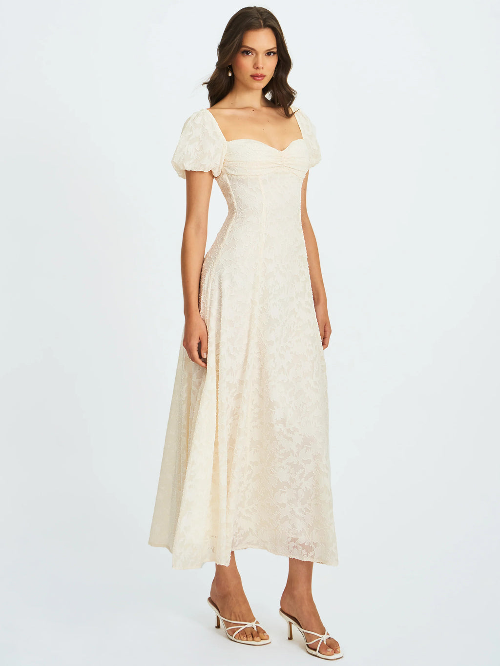 Ivory Floral Lace Puff Sleeve Midi Dress with Lace-Up Back | Sweetheart Bridal Dress
