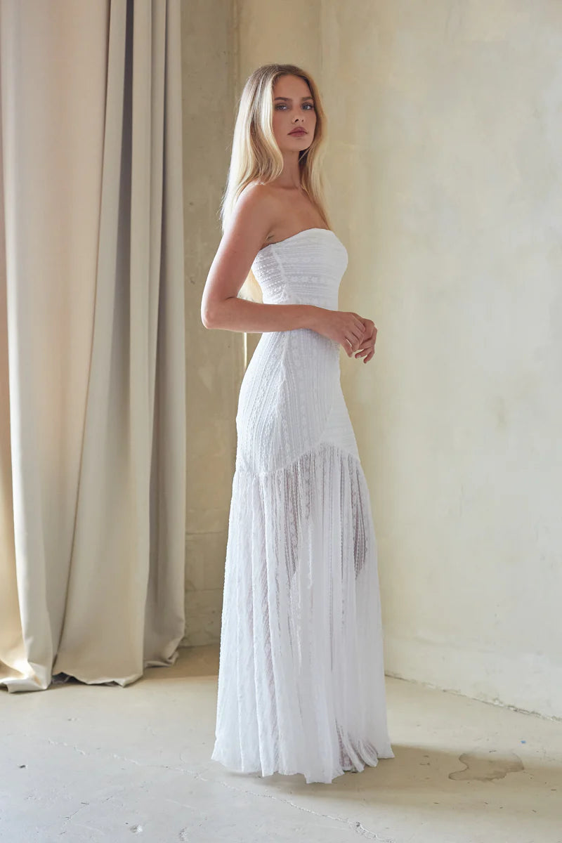 White Strapless Lace Maxi Dress | Sheer Skirt High-Slit Bridal Occasion Dress