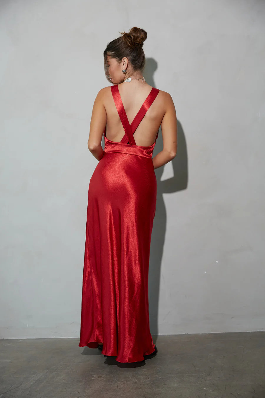 Red Satin-Look Maxi Dress | Deep V-Neck Cross-Back Evening Dress