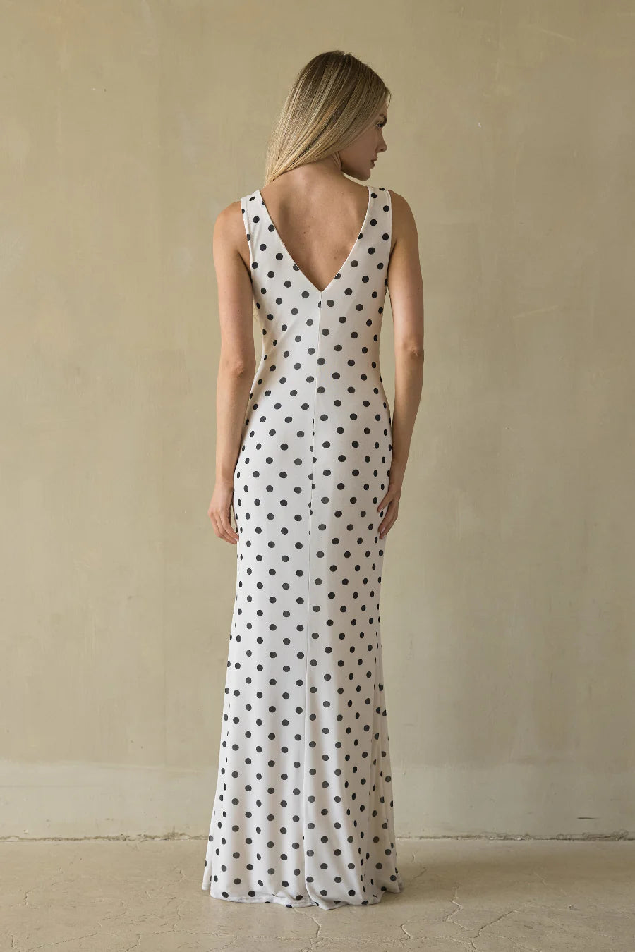 Polka Dot V-Neck Maxi Dress | Sleeveless Fitted Evening Dress