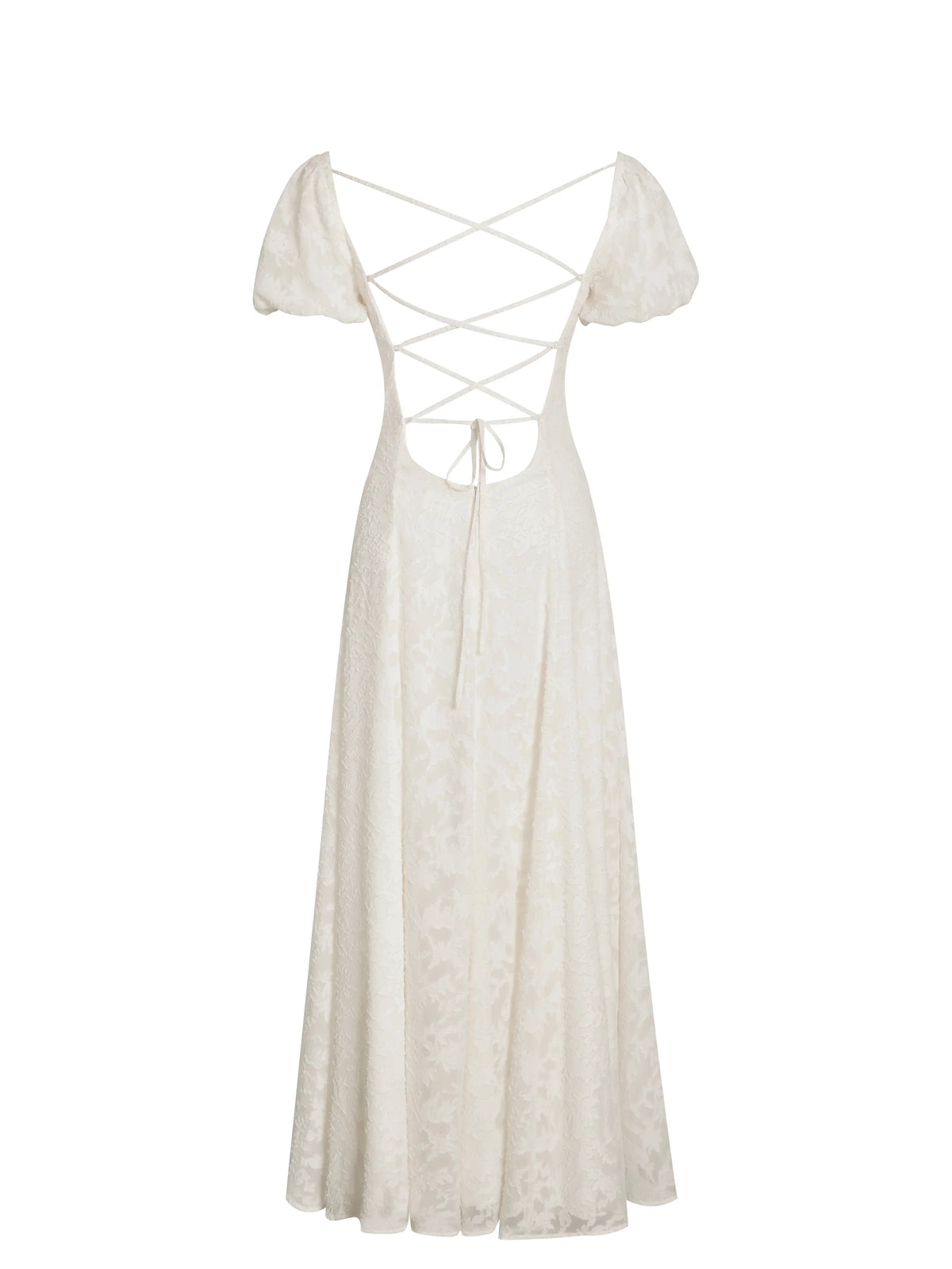 Ivory Floral Lace Puff Sleeve Midi Dress with Lace-Up Back | Sweetheart Bridal Dress