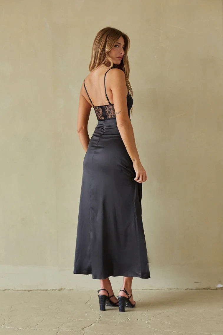 Black Lace Panel Maxi Slip Dress | Twist-Front Satin-Look Evening Dress
