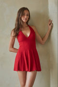 Red Halter Mini Dress | Deep V-Neck Textured Fit-and-Flare Party Dress