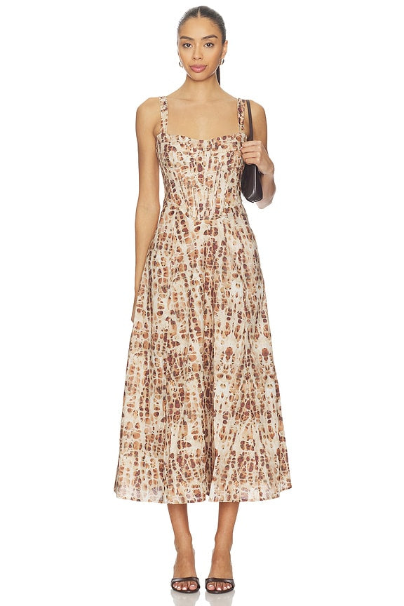 Beige Abstract Print Corset-Style Midi Dress with Pockets | Sleeveless A-Line Dress