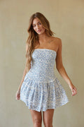 Blue Floral Strapless Smocked Mini Dress | Drop-Waist Lace-Trim Sundress