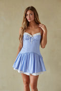 Light Blue Corset Mini Dress | White Ruffle Trim Lace-Up Back Sundress