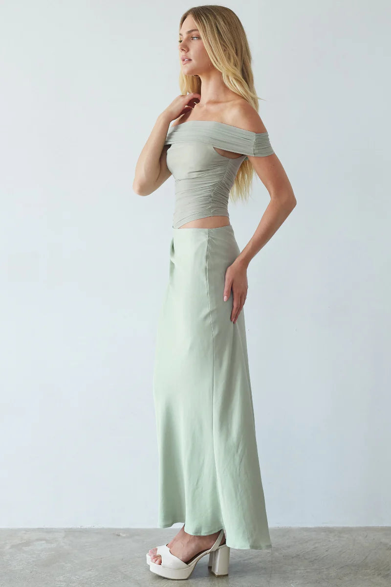 Sage Green Off-Shoulder Maxi Dress | Ruched Waist-Cutout Draped Evening Dress