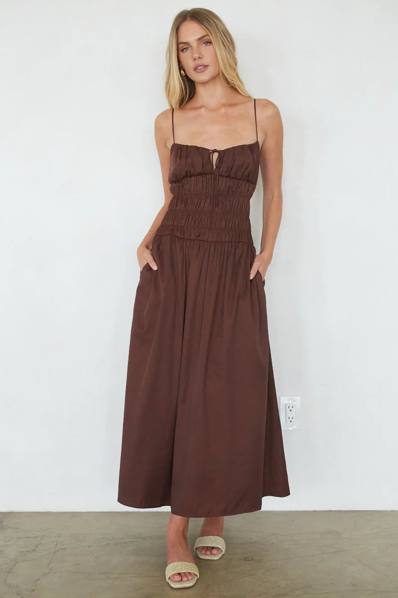 Smocked Bow-Back Midi Dress with Pockets | Spaghetti Strap Summer Sundress