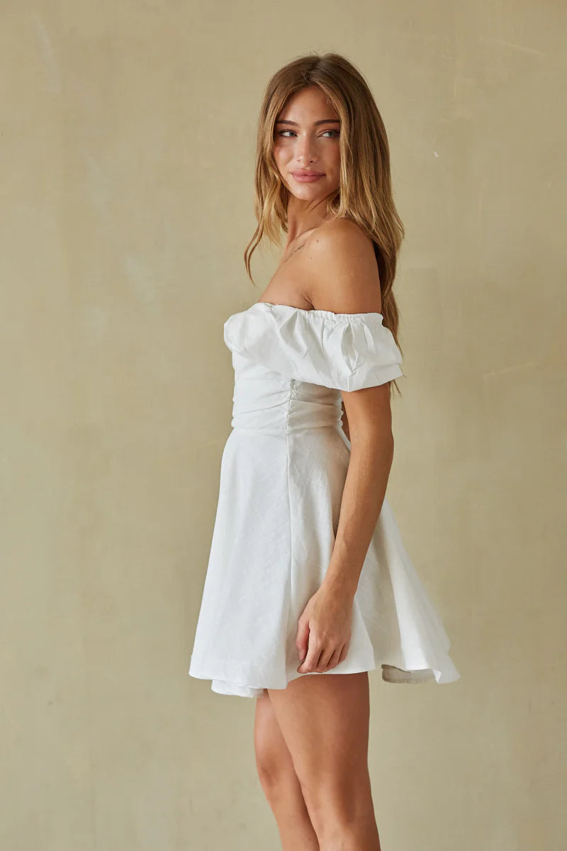 Off-Shoulder Ruffle Mini Dress | Ruched Waist Fit-and-Flare Party Dress