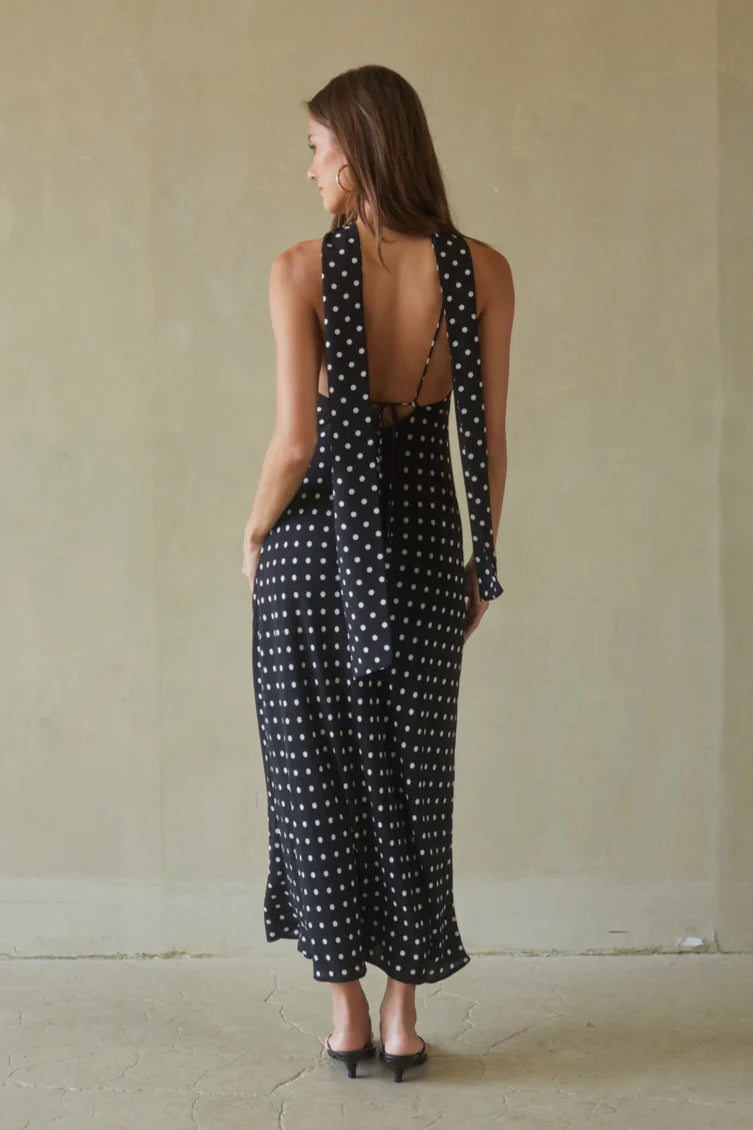 Black Polka Dot Slip Maxi Dress | V-Neck Open-Back Spaghetti Strap Dress
