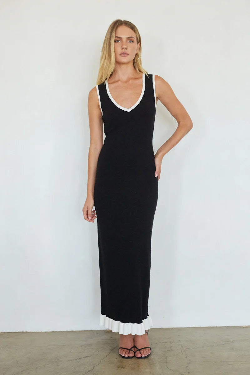 Black and White Contrast-Trim Maxi Dress | Sleeveless V-Neck Ruffle Hem Dress