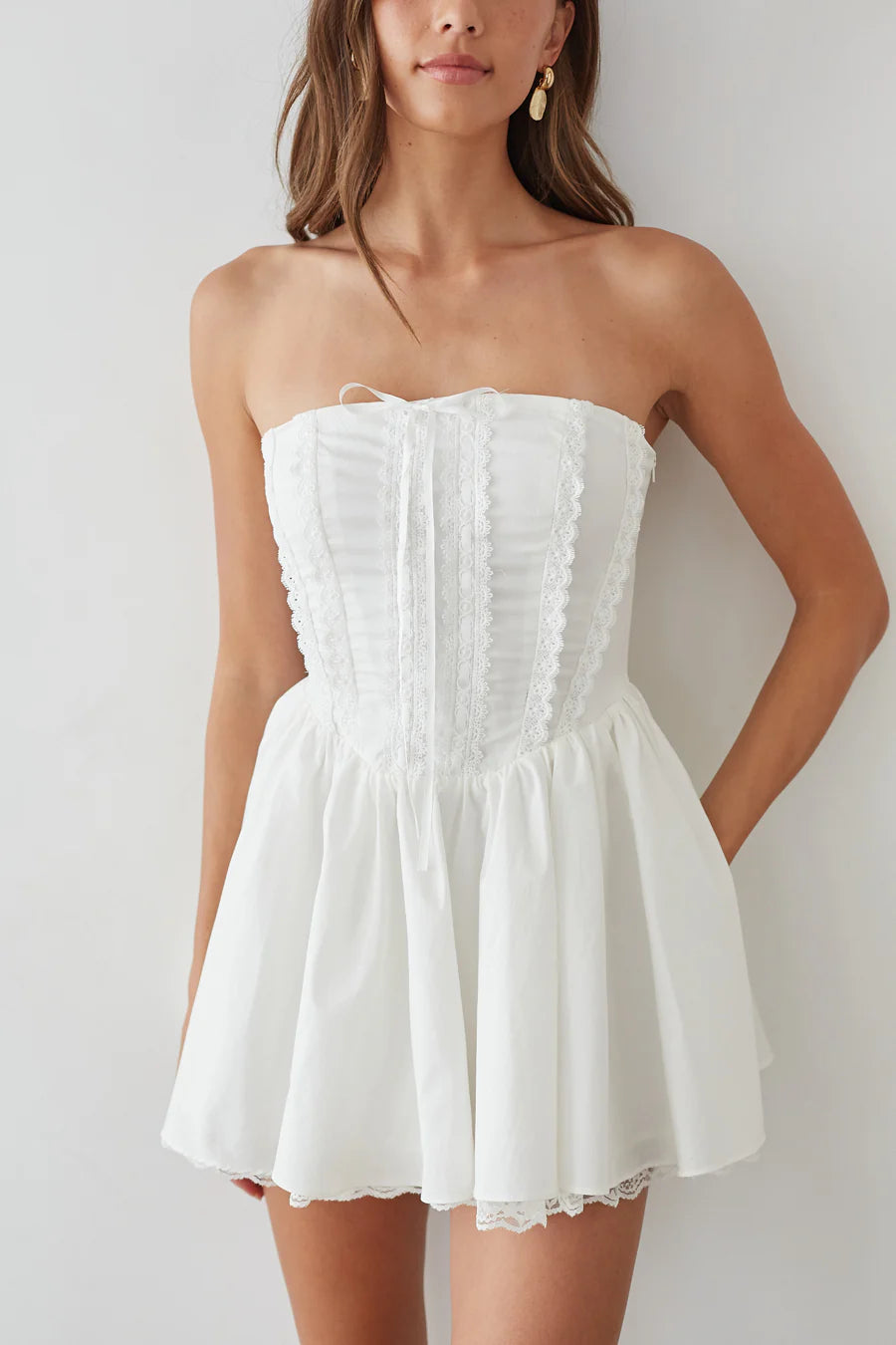 Strapless Lace-Trim Corset Mini Dress | Lace-Up Back Fit-and-Flare Sundress