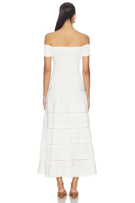 White Off-Shoulder Tiered Midi Dress | Sweetheart Neckline Lace-Trim Summer Dress