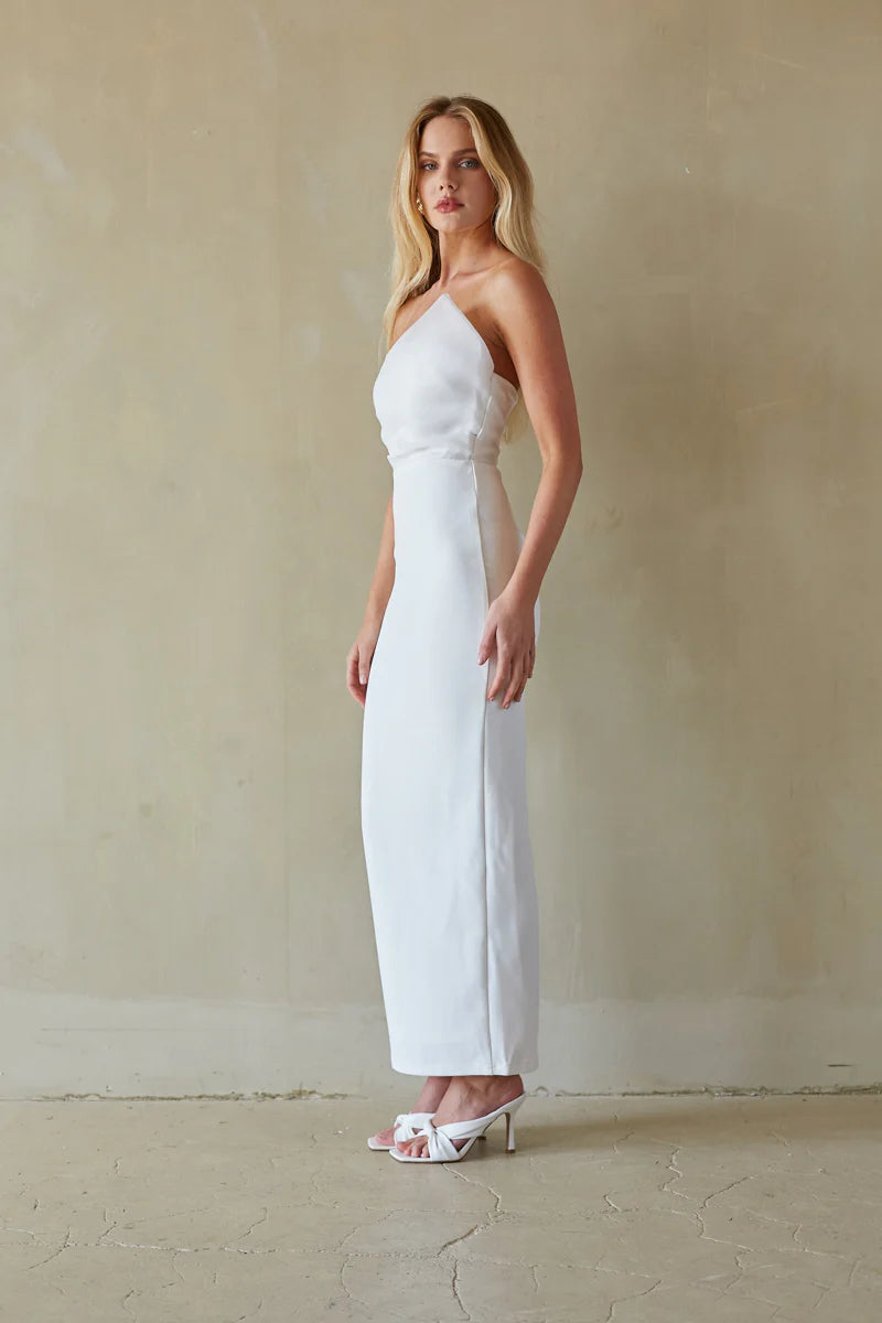 White Strapless Column Maxi Dress | Asymmetric Neckline Bridal Occasion Dress