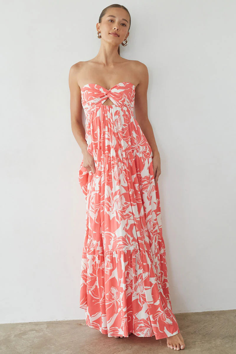 Floral Strapless Maxi Dress | Twist-Front Cutout Tiered Vacation Sundress