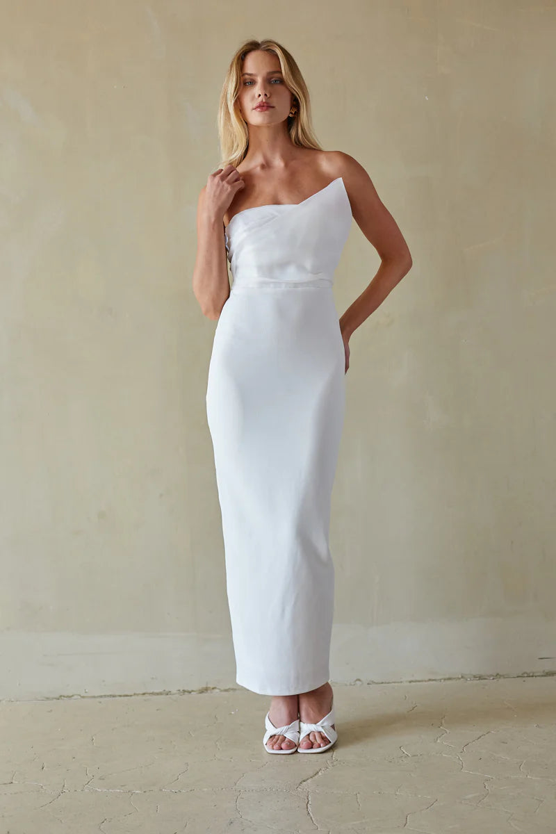 White Strapless Column Maxi Dress | Asymmetric Neckline Bridal Occasion Dress