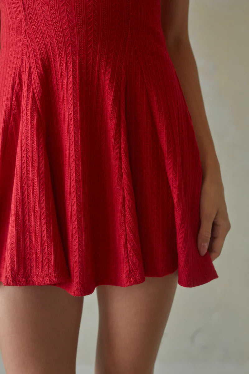 Red Halter Mini Dress | Deep V-Neck Textured Fit-and-Flare Party Dress