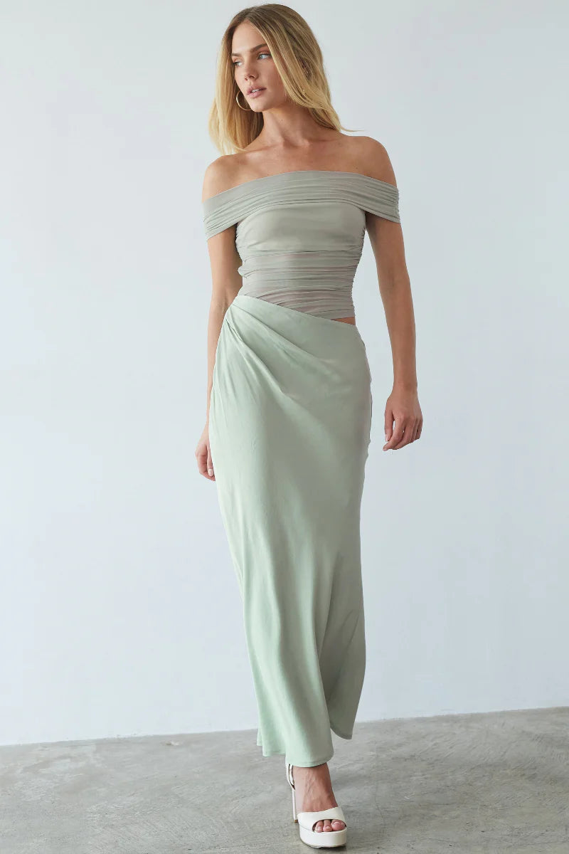 Sage Green Off-Shoulder Maxi Dress | Ruched Waist-Cutout Draped Evening Dress