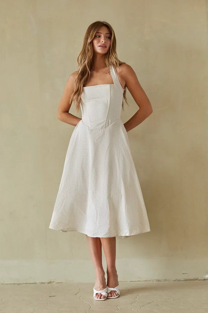 Gingham Halter Midi Dress | Lace-Up Back Corset-Style A-Line Sundress