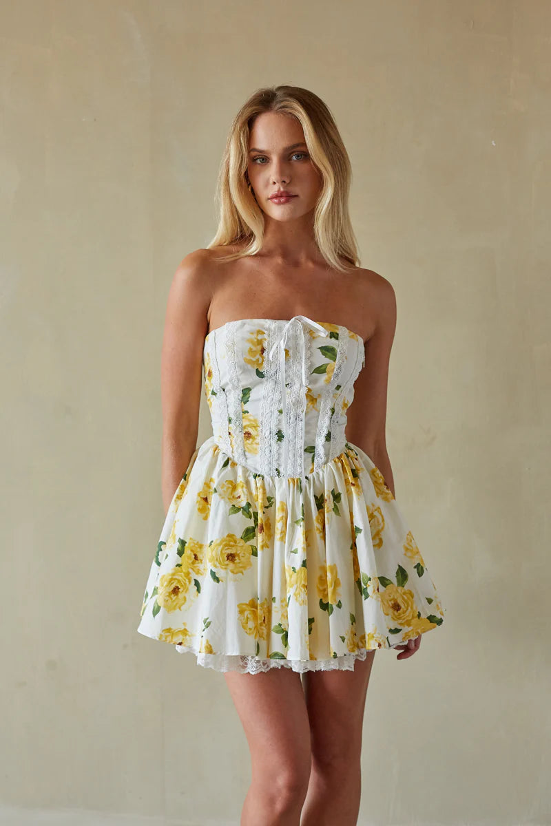 Strapless Lace-Trim Corset Mini Dress | Lace-Up Back Fit-and-Flare Sundress