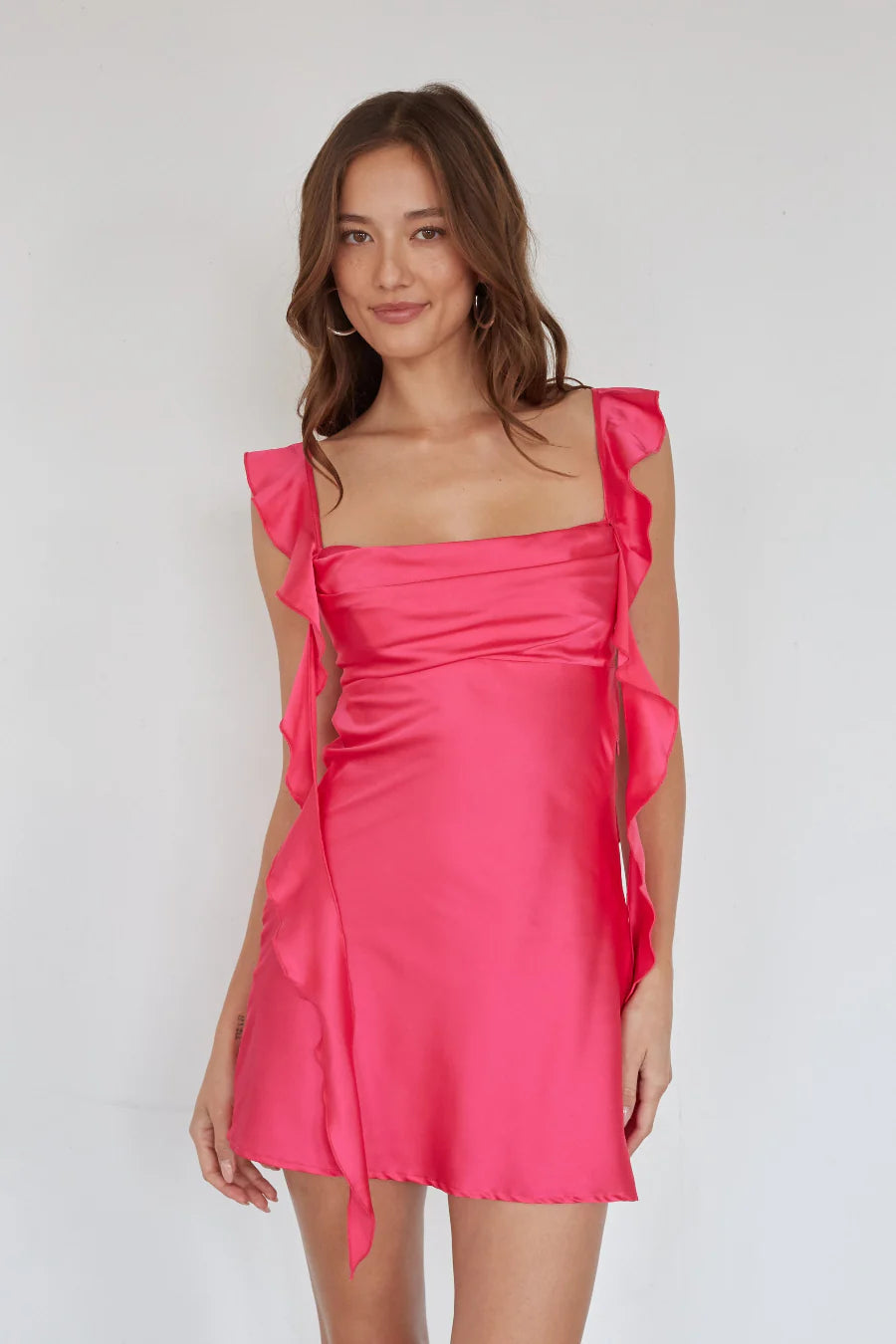 Ruffle Strap Mini Slip Dress | Cowl Neck Open-Back Satin-Look Party Dress