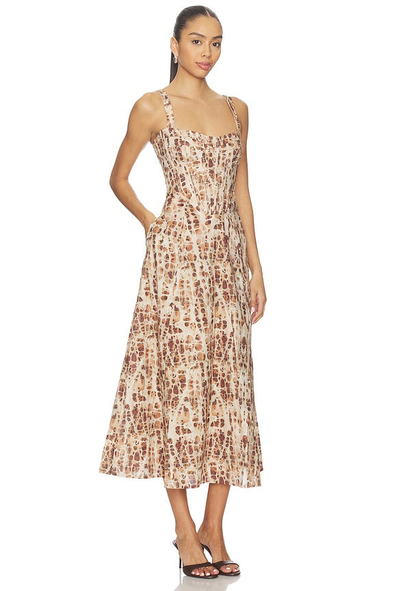 Beige Abstract Print Corset-Style Midi Dress with Pockets | Sleeveless A-Line Dress