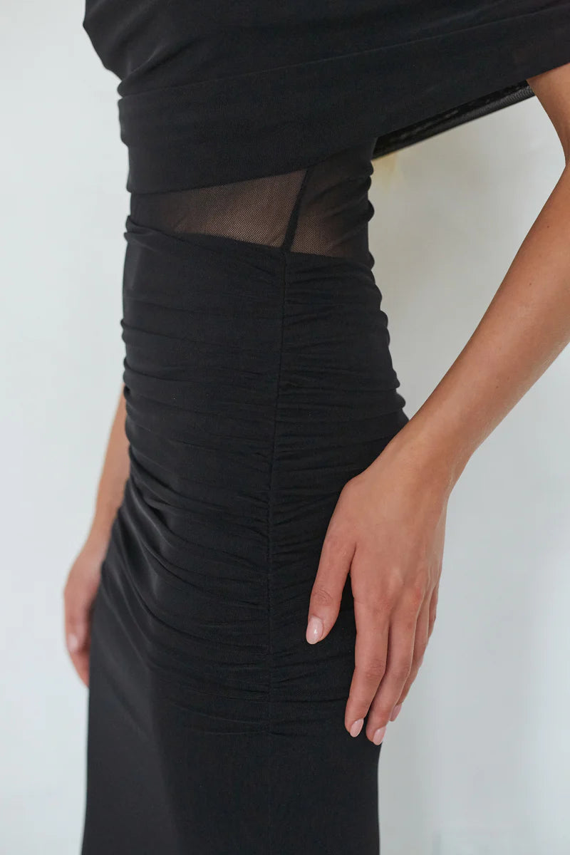 Black Asymmetric Off-Shoulder Maxi Dress | Ruched Mesh-Waist Evening Gown