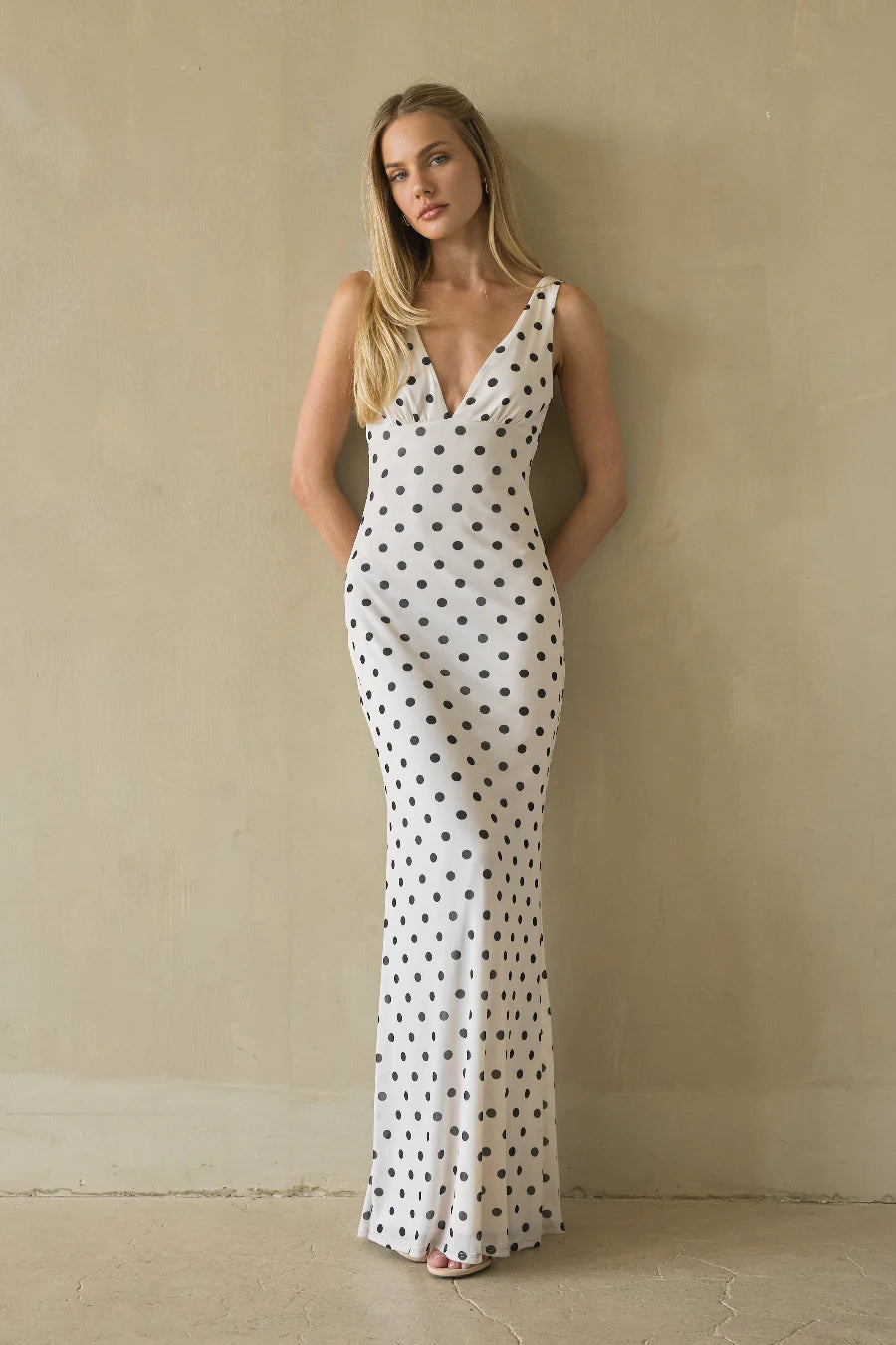 Polka Dot V-Neck Maxi Dress | Sleeveless Fitted Evening Dress