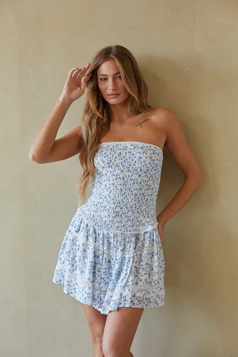 Blue Floral Strapless Smocked Mini Dress | Drop-Waist Lace-Trim Sundress