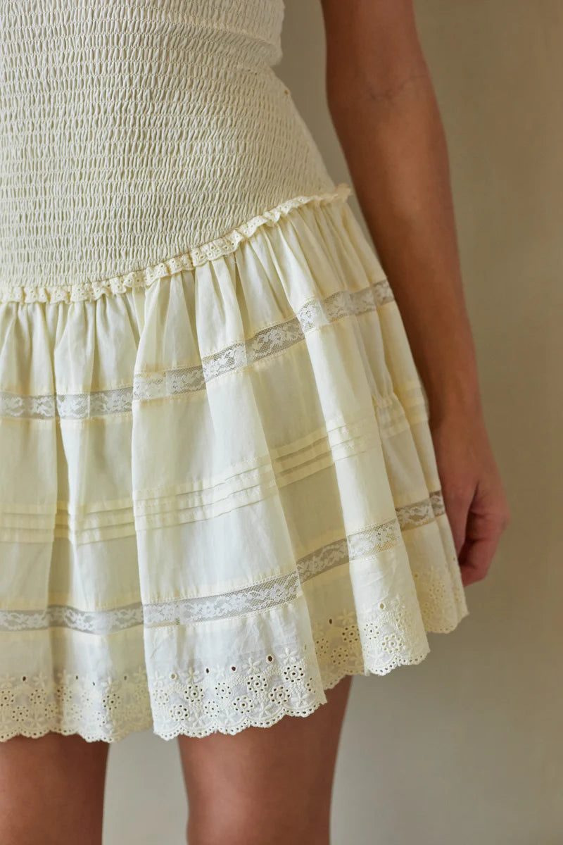Ivory Strapless Smocked Mini Dress | Drop-Waist Eyelet Lace-Trim Sundress